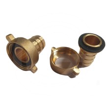 Brass hose connector with union nut and flat seal.