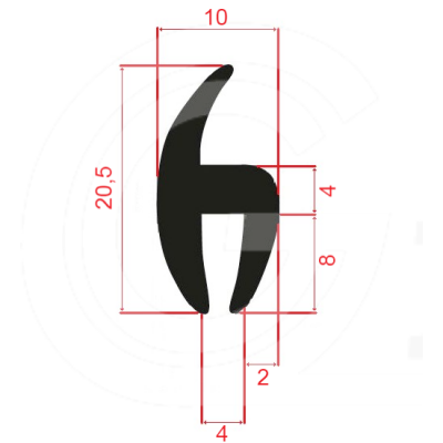 EPDM rubber h profiel | 20,5 x 10 x 8 x 4 mm | rol 50 meter