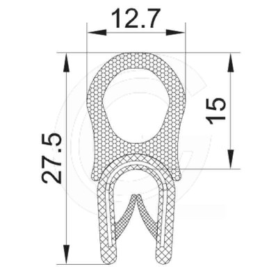 Door seal | PVC | sponge rubber tube top | black | 27,5 x 12,7 mm | roll 50 meters