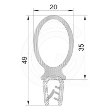 Door seal | EPDM | solid rubber tube top | black | 49 x 20 mm | per meter