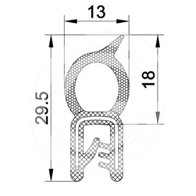 Door seal | EPDM | sponge rubber tube top | black | 29,5 x 13 mm | clamp 2,0 - 4,0 mm | per meter