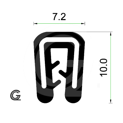 Silicone edge protection profile | black | FDA approved | 7,2 x 10 mm | clamping range 1,0 - 2,0 mm | per meter