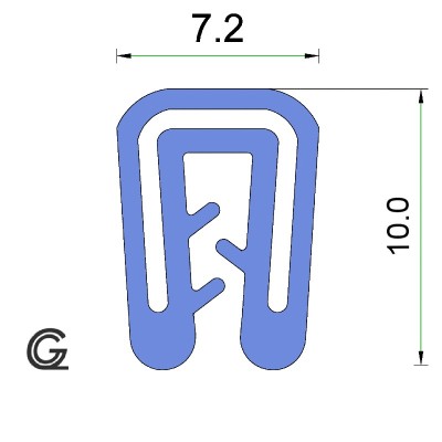 Silicone edge protection profile | blue | FDA approved | 7,2 x 10 mm | clamping range 1,0 - 2,0 mm | per meter