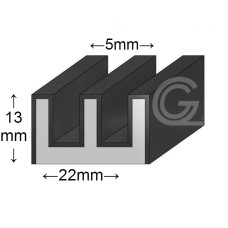 Raamloopprofiel Dubbel | EPDM gevlokt | zwart | binnenmaat 5 mm | 22 x 13 mm | rol 20 meter