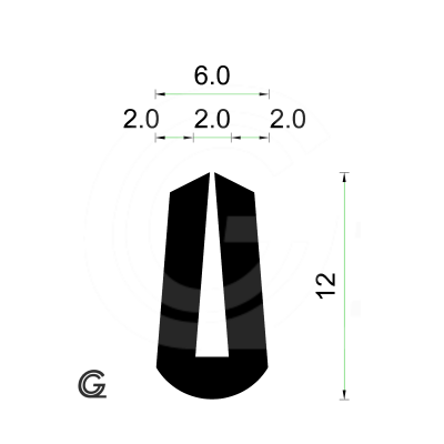 Rubber U Profile | inside size 2 mm | height 12 mm | thickness 2 mm | Per Meter