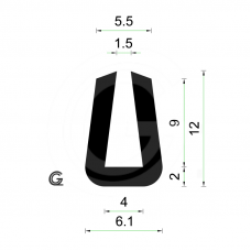 Rubber U Profiel | V-salt | binnenmaat 4 mm | hoogte 12 mm | dikte 2 mm | Per Meter